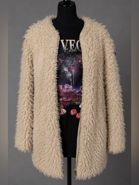 BB Dakota fuzzy faux fur zip cardigan long jacket coat.  Off white. M